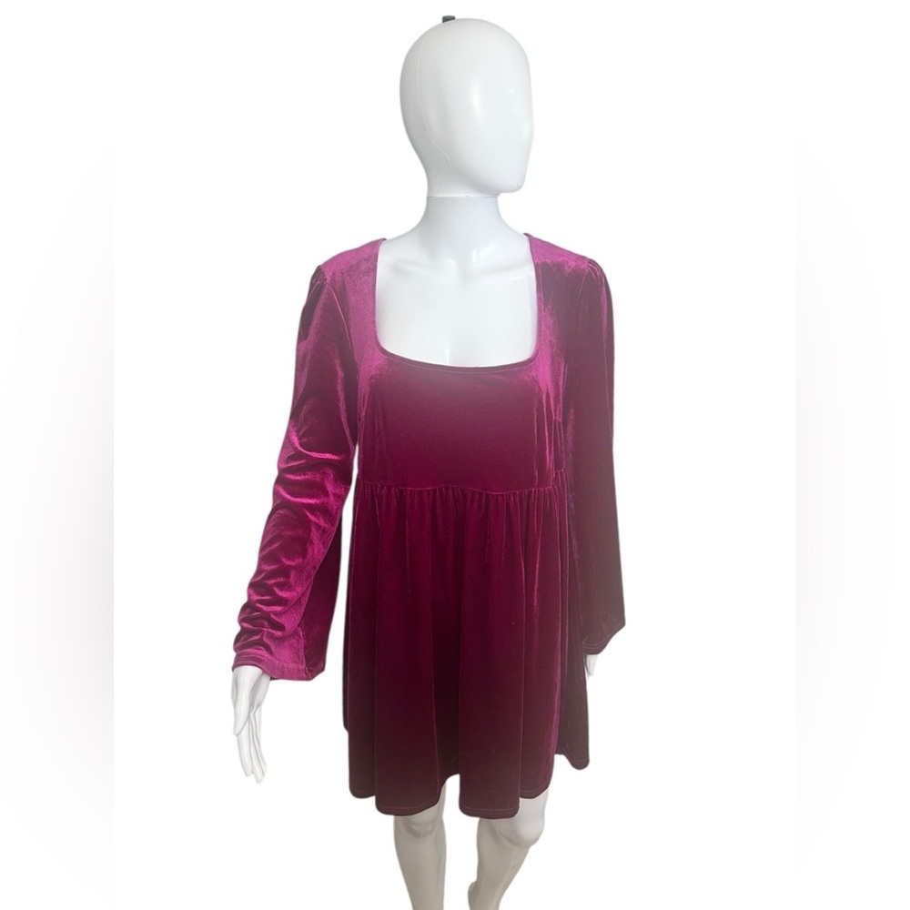Modcloth Velvet Tunic Dress Mini Deep Pink/Purple Bell Sleeve L